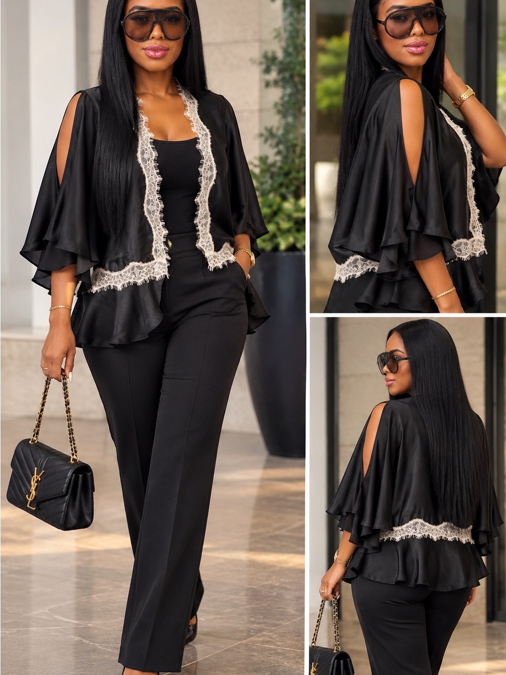 Express Black Cape Blouse with Cream Lace Trim